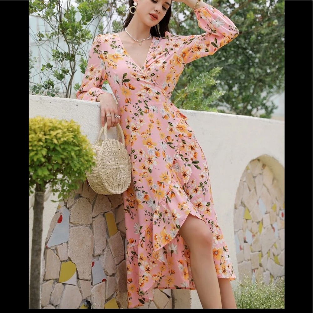 SOLD New pink tropical botanical floral dress